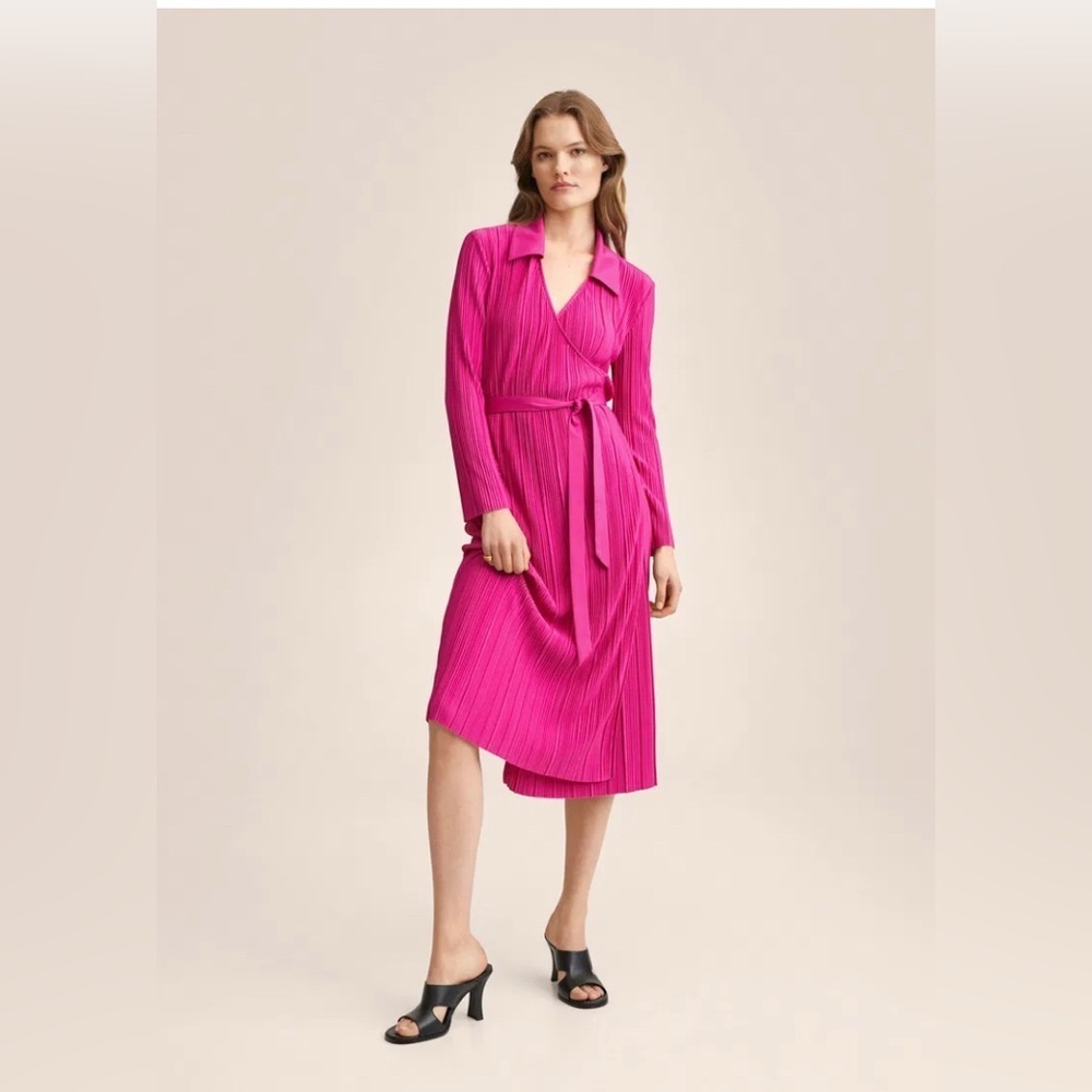 Mango Pink Wrap Dress with Notched Collar and Bishop Sleeves